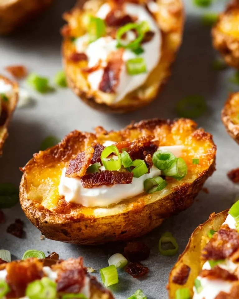 Delicious baked potato skins topped with cheese, bacon, and sour cream