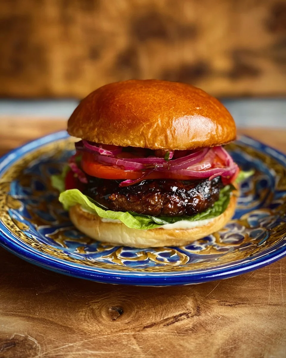 Balsamic Glazed Portobello Mushroom Burger served on a plate with fresh toppings