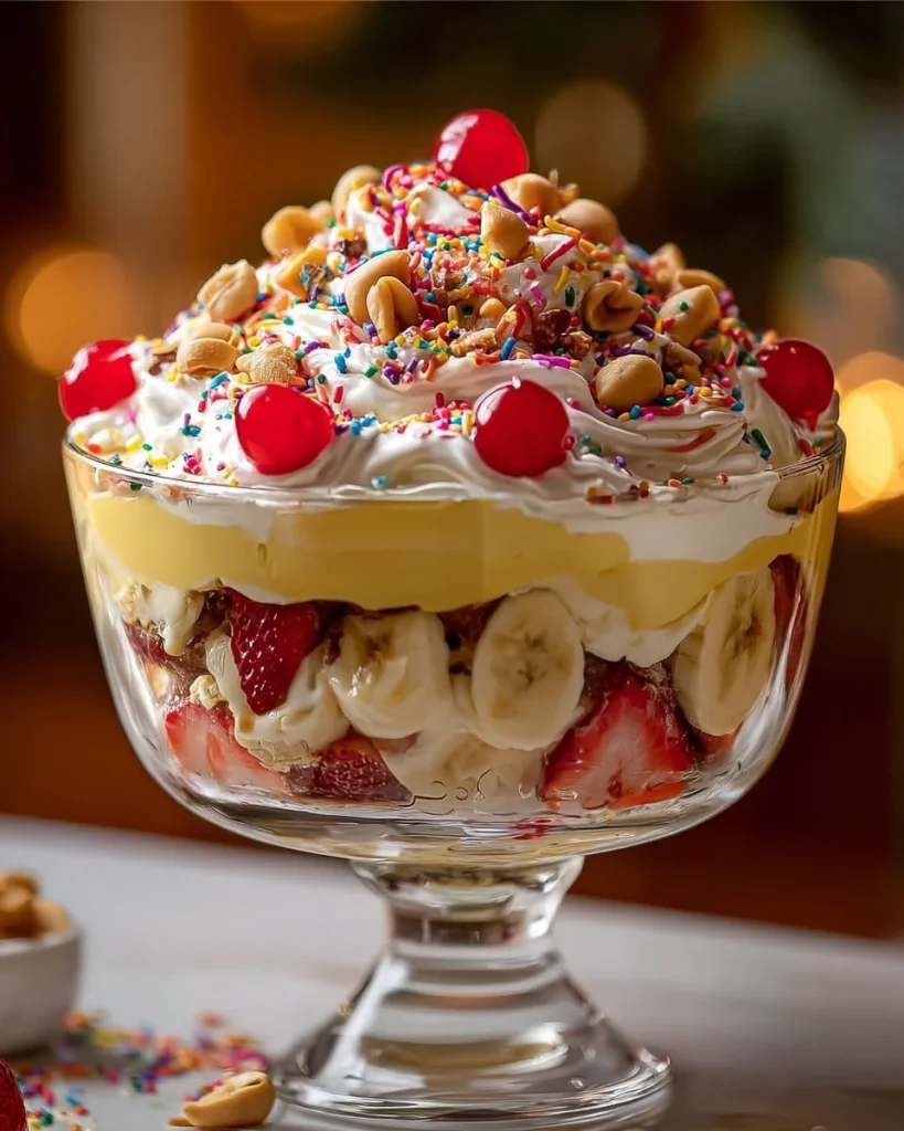 Delicious Banana Split Fluff dessert featuring bananas, whipped cream, and toppings.