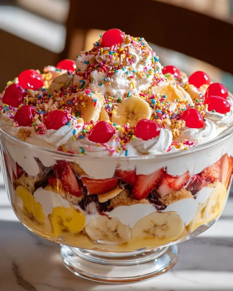 Delicious Banana Split Fluff dessert in a bowl topped with cherries and whipped cream.