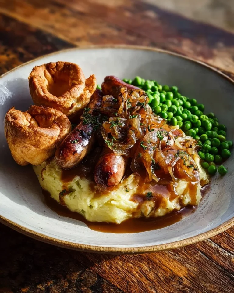 Plate of Bangers and Mash with onion gravy, a classic British comfort food.