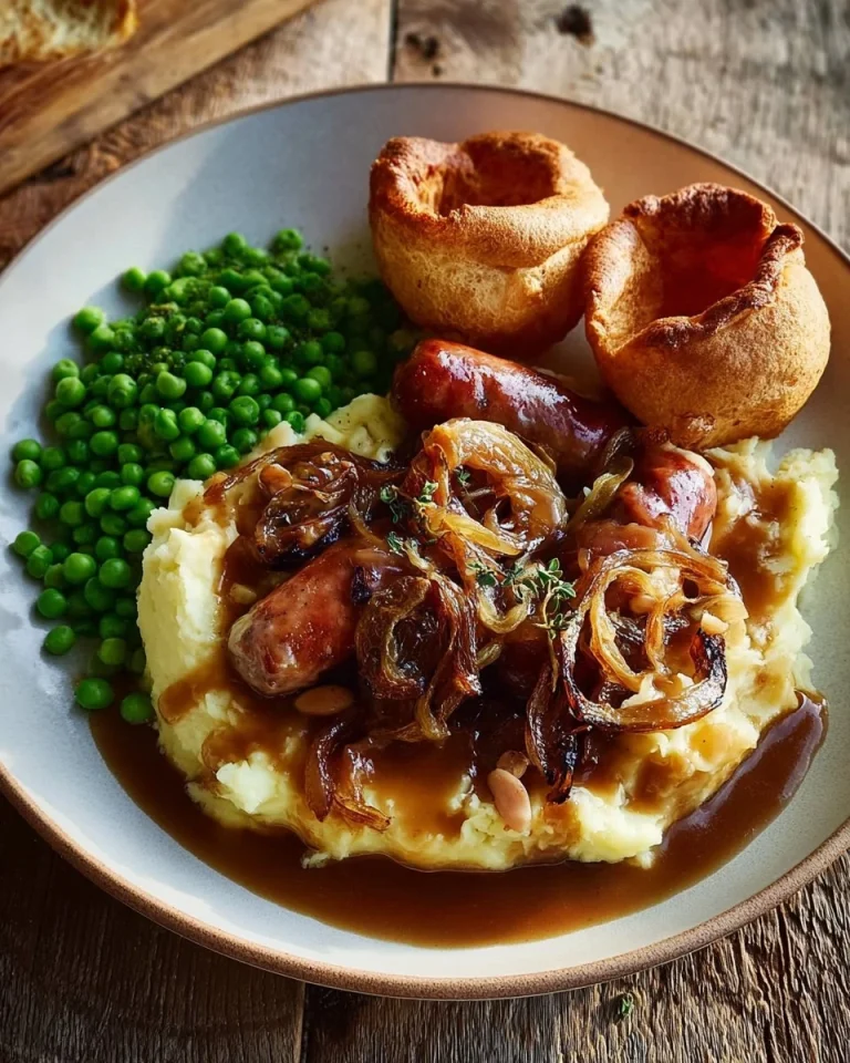 Dish of bangers and mash with onion gravy served on a plate