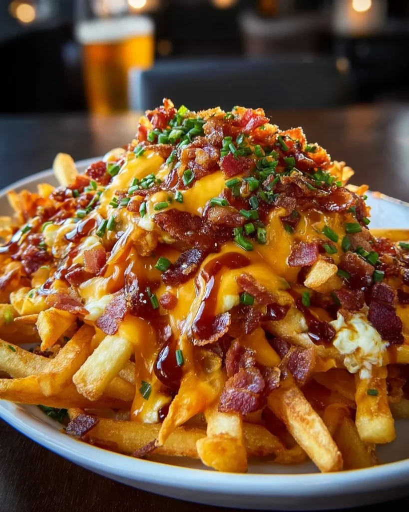 BBQ Bacon Cheese Fry Mountain topped with crispy bacon and melted cheese