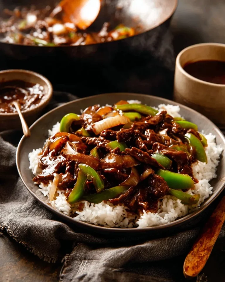 Delicious beef in black bean sauce served with steamed rice and vegetables.