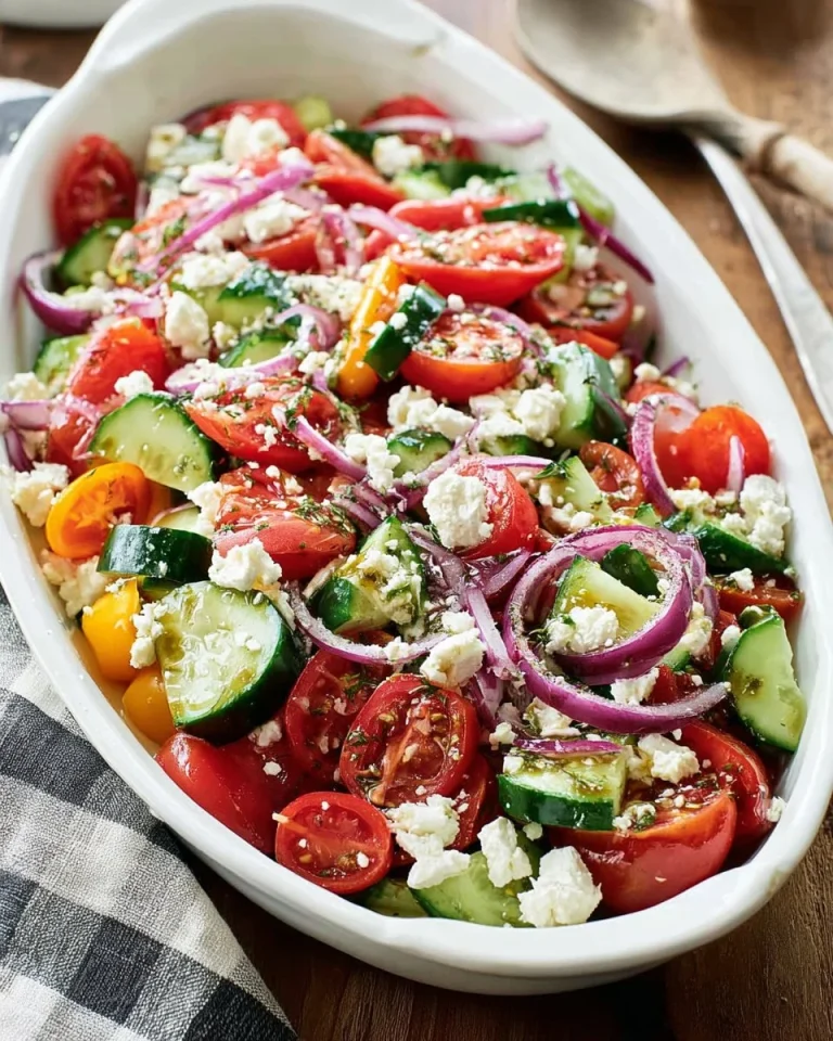 Fresh Greek salad with feta cheese, tomatoes, cucumbers, and olives.