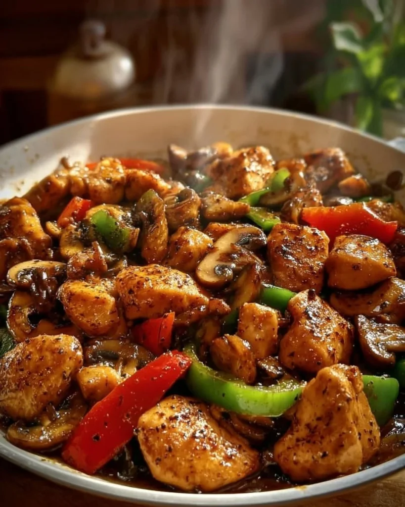 Delicious black pepper chicken with mushrooms served in a bowl.