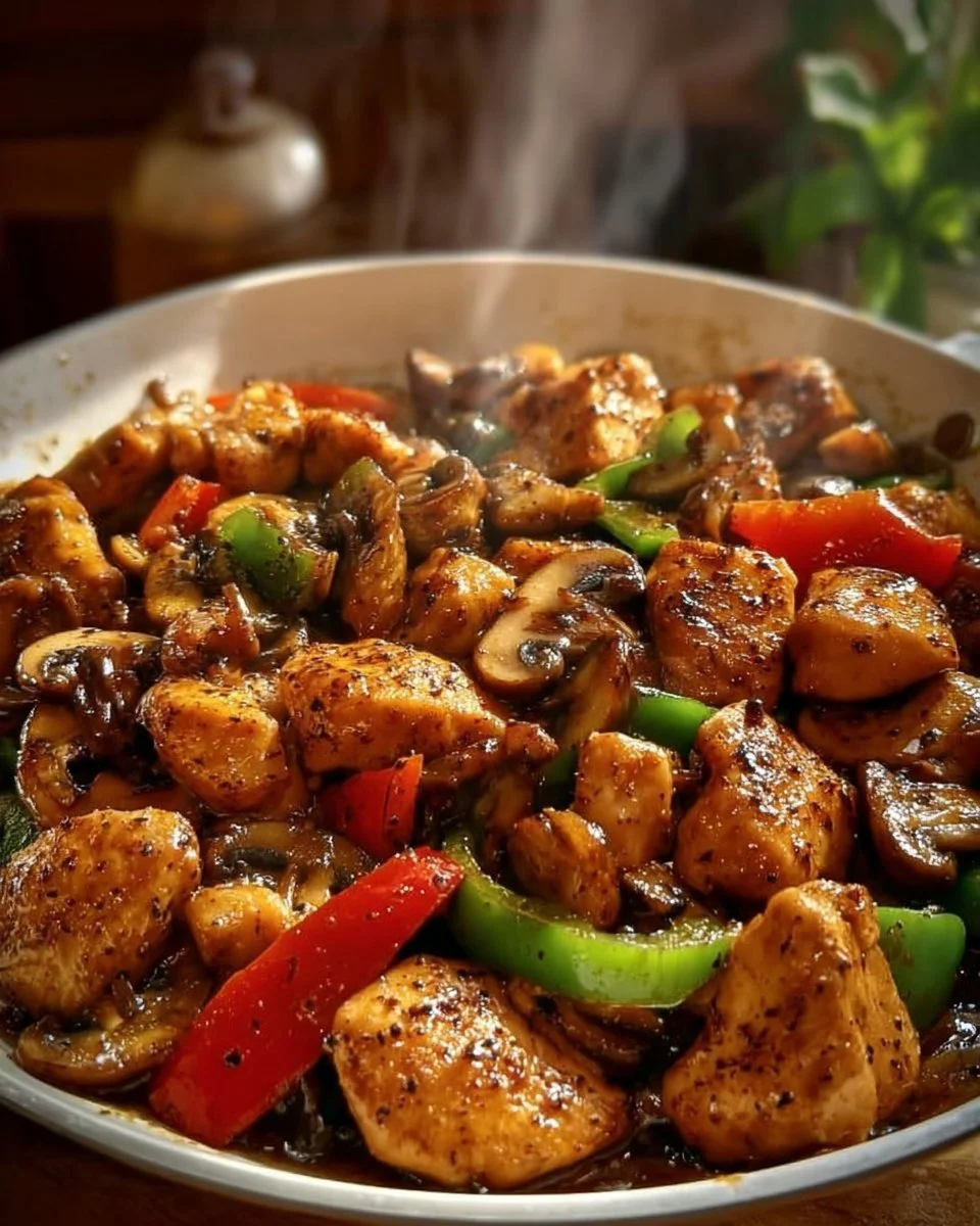 Delicious black pepper chicken with mushrooms served in a bowl.