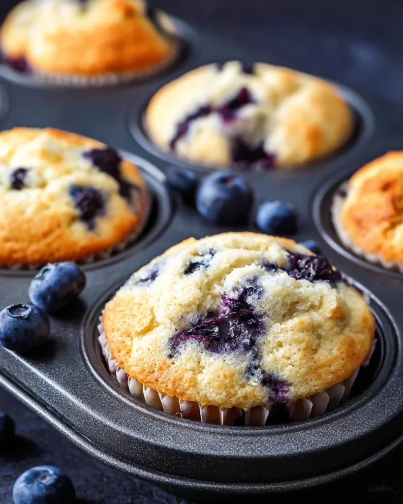Delicious homemade blueberry muffin with fresh blueberries on a wooden table