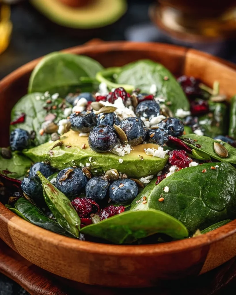 Blueberry spinach salad topped with avocado and feta cheese in a bowl