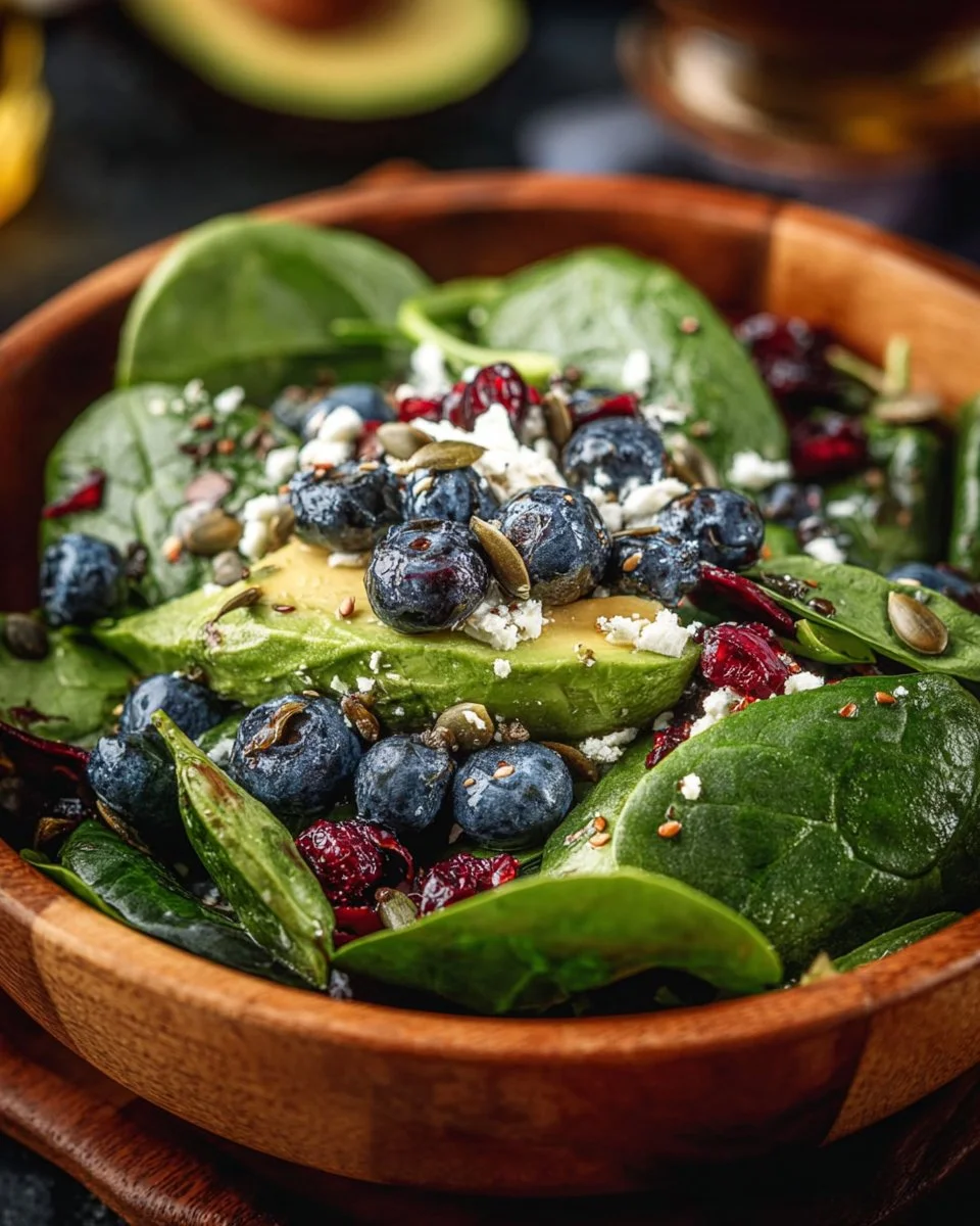 Blueberry spinach salad topped with avocado and feta cheese in a bowl