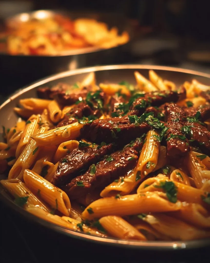 Delicious Honey BBQ Steak Penne Delight served on a plate with garnishes.