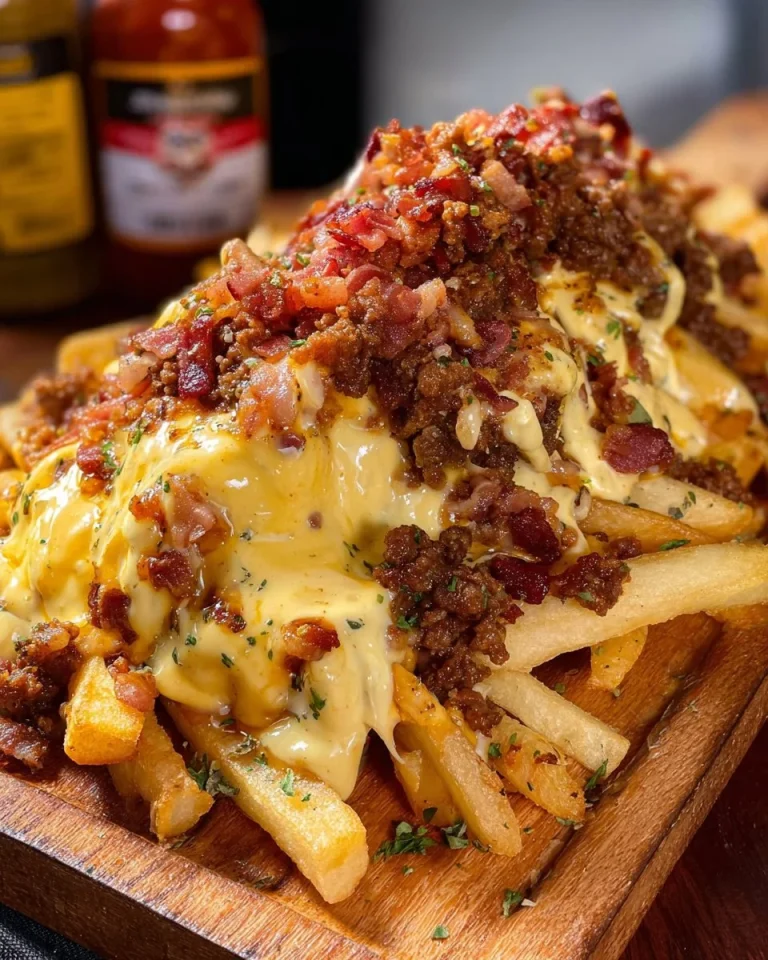 A delicious plate of breakfast chili cheese fries topped with cheese and chili.