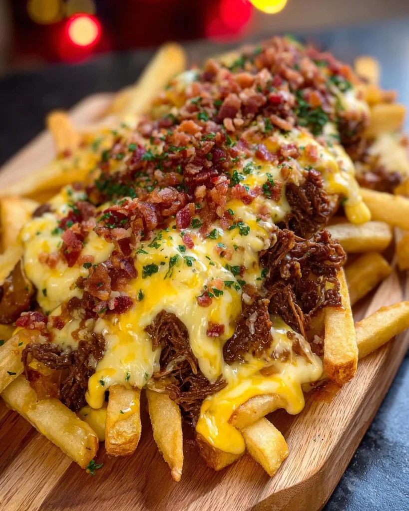 Delicious Breakfast Chili Cheese Fries topped with cheese and chili