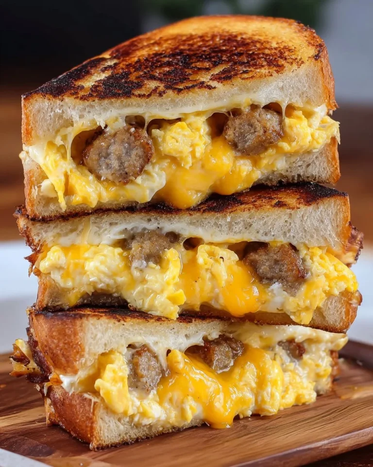 Breakfast grilled cheese with eggs, a delicious morning treat.