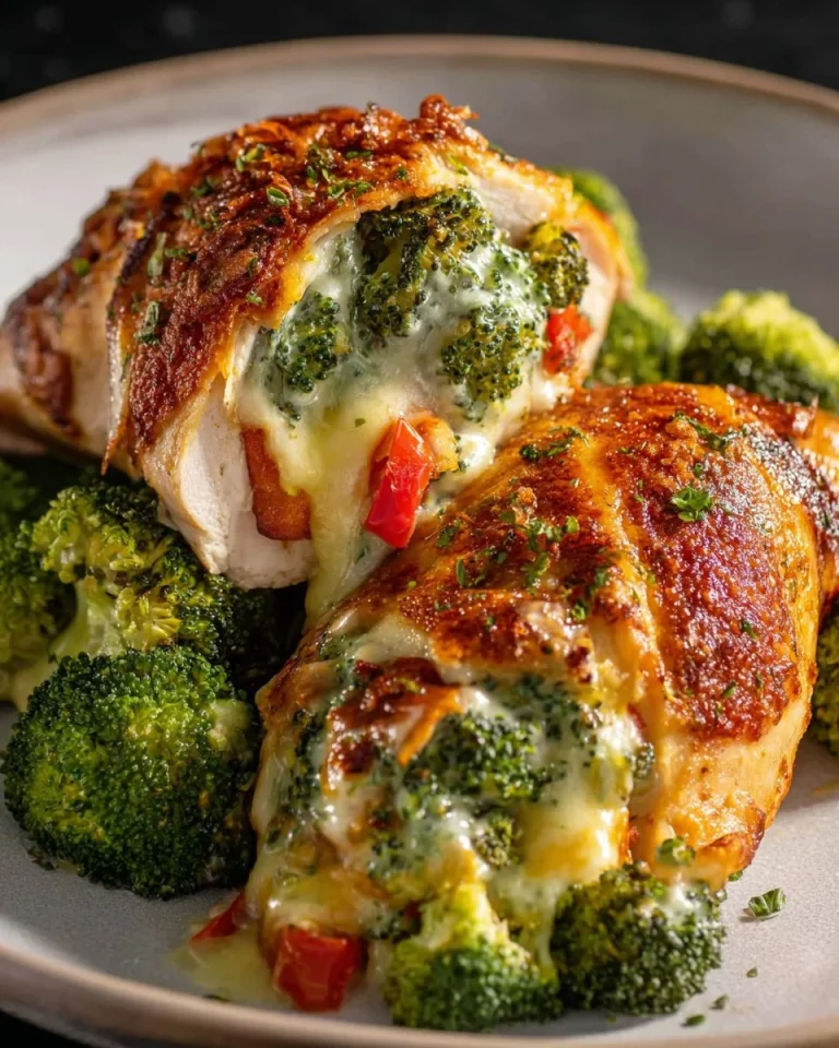 Broccoli and cheese stuffed chicken breast on a plate garnished with herbs