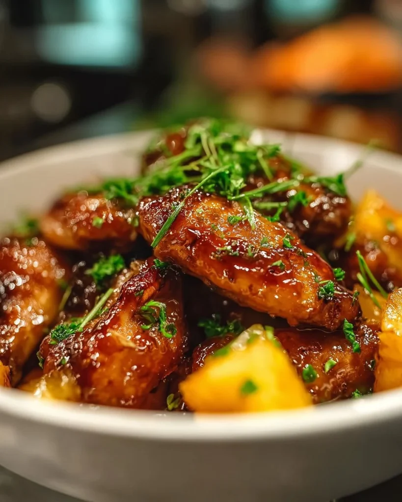 Brown sugar pineapple wings served on a plate with garnish