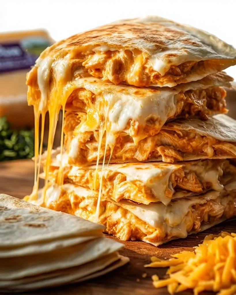 Melted Buffalo Chicken Quesadilla with cheddar cheese and toppings