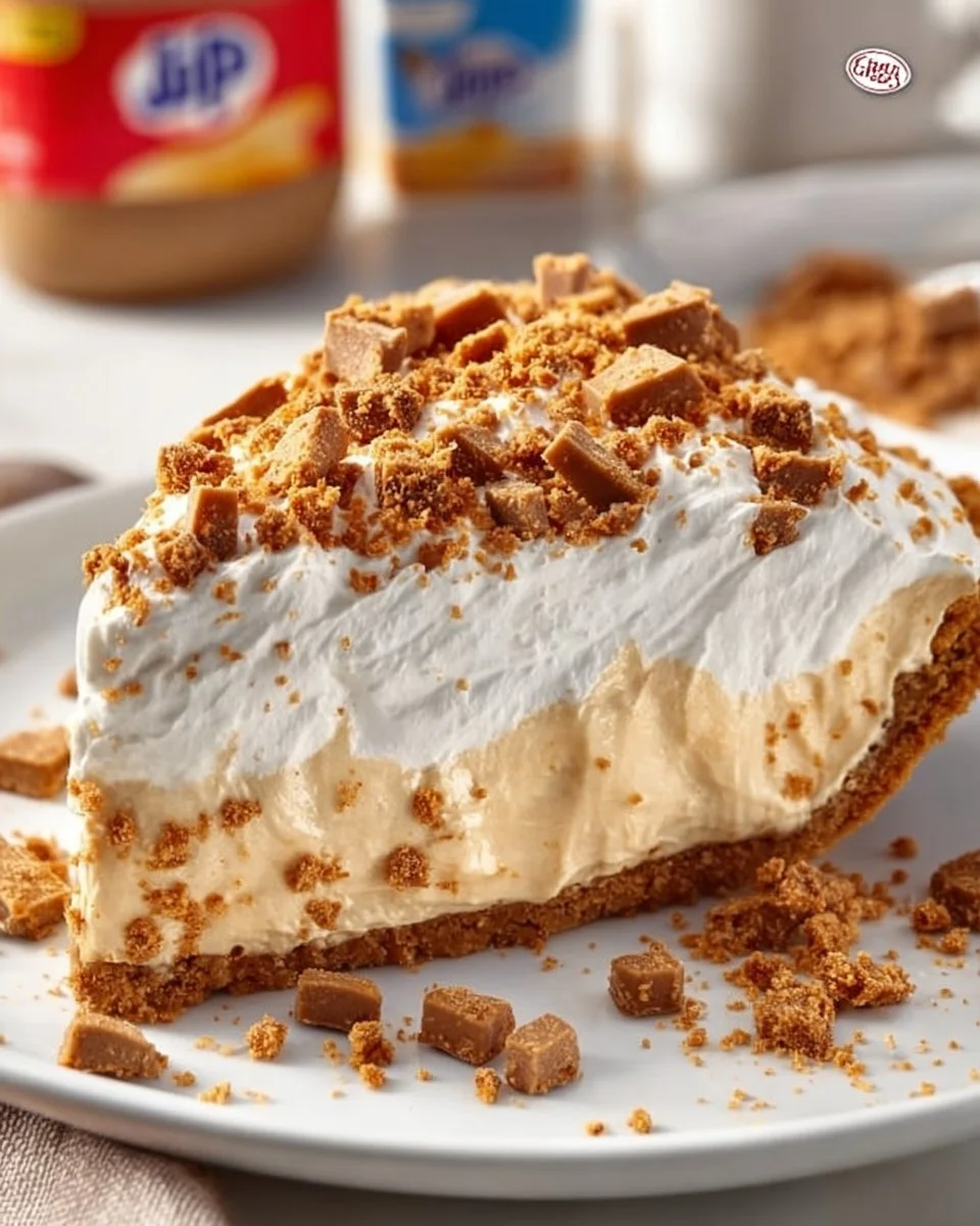 Delicious Butterfinger Pie topped with crushed candy bars and whipped cream