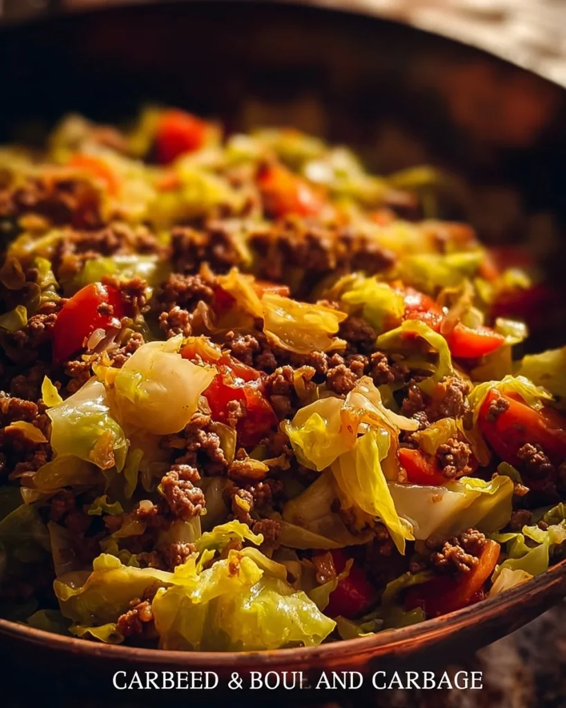 Cabbage and ground beef stir-fry in a skillet.