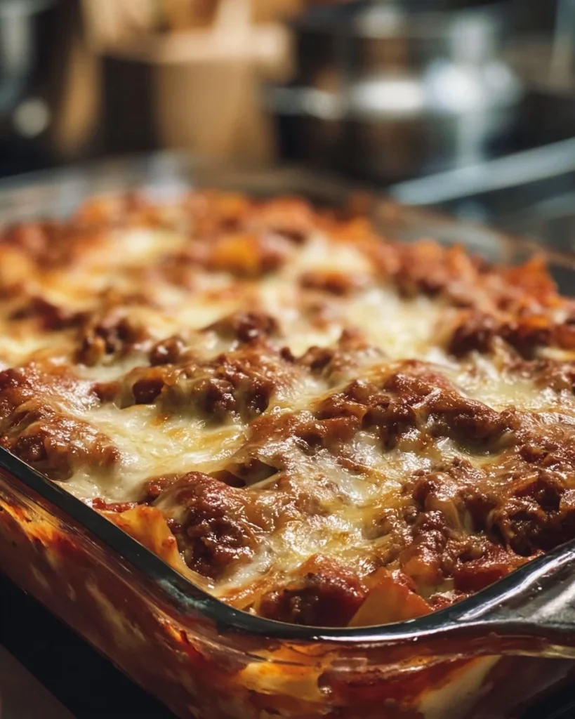 Delicious Cabbage Beef Bake served in a casserole dish