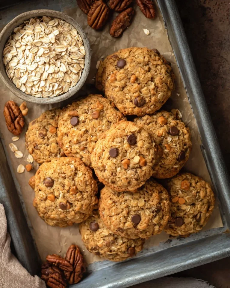 A plate of caramel pecan oatmeal cookies with a rich buttery texture
