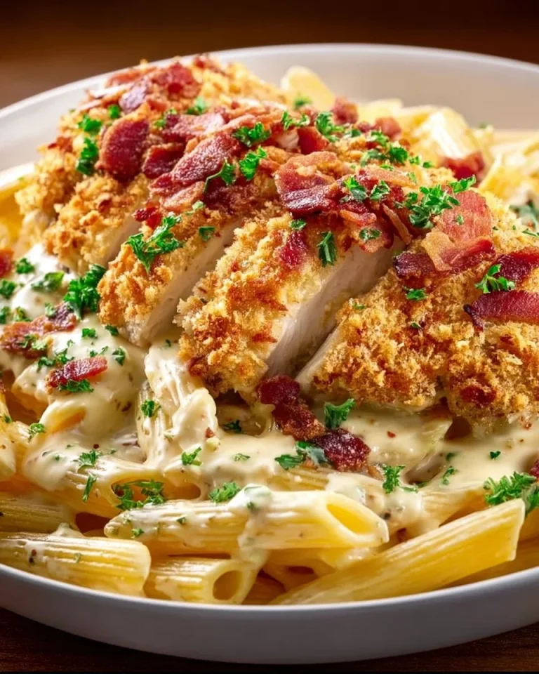 Cheddar Bacon Ranch Chicken Alfredo Pasta dish garnished with herbs