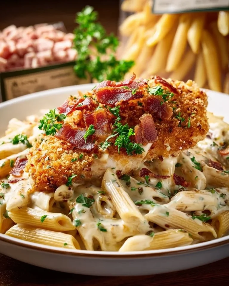 Creamy Cheddar Bacon Ranch Chicken Alfredo Pasta garnished with herbs