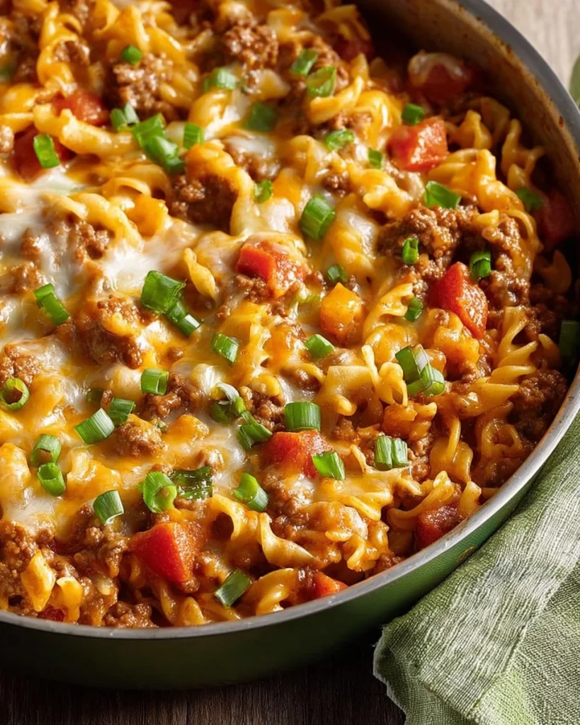 A delicious cheeseburger casserole topped with melted cheese and herbs.