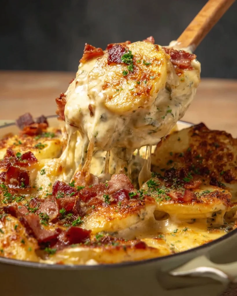 Delicious cheesy Au Gratin Potatoes served in a baking dish