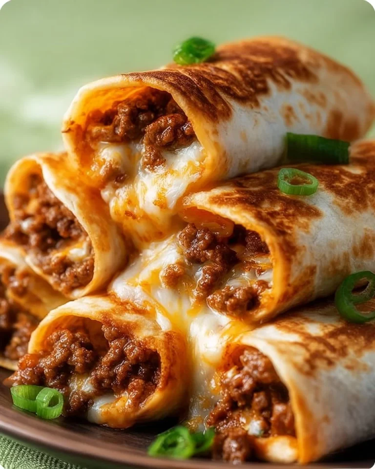 Delicious Cheesy Beefy Burritos with melted cheese and seasoned beef filling