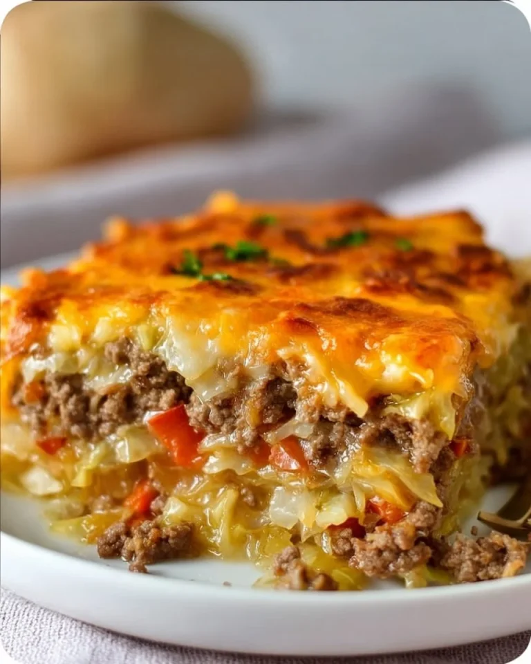 Delicious cheesy cabbage beef casserole topped with melted cheese.