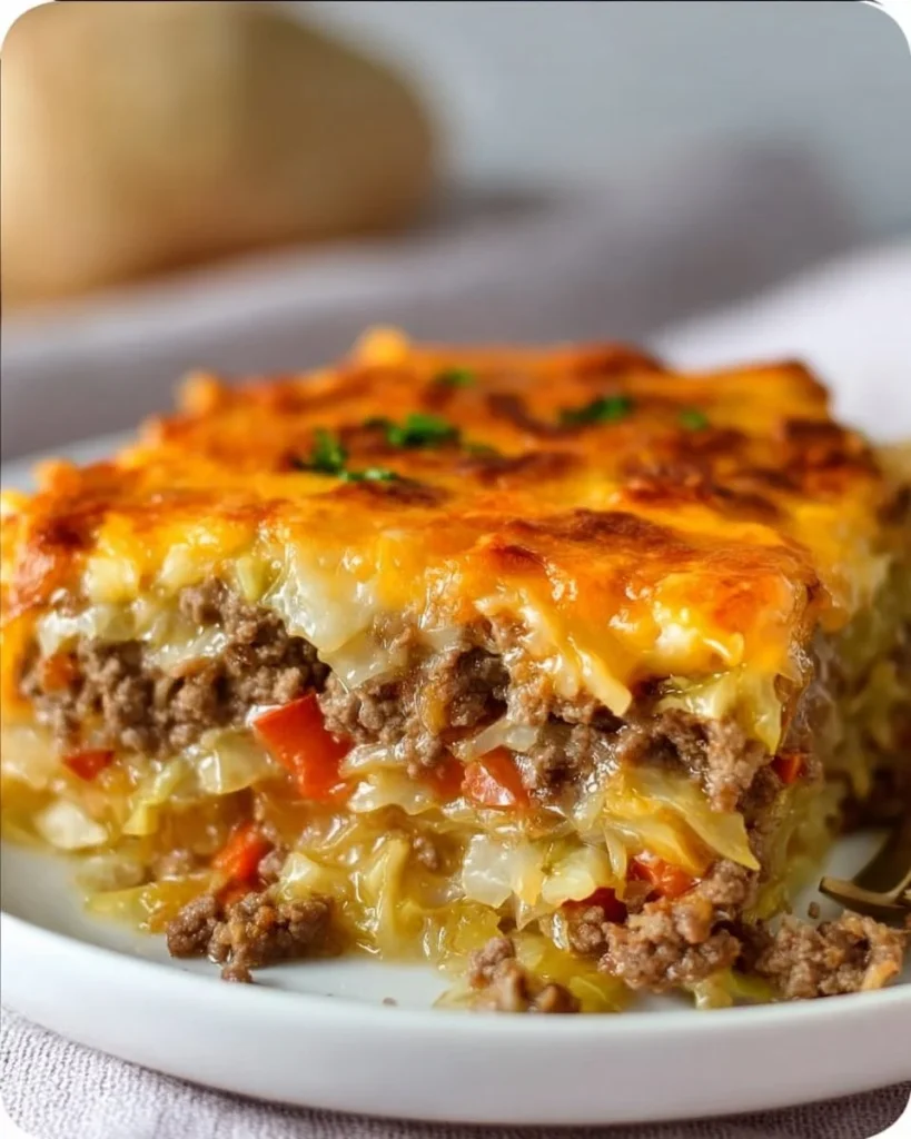 Delicious cheesy cabbage beef casserole topped with melted cheese.