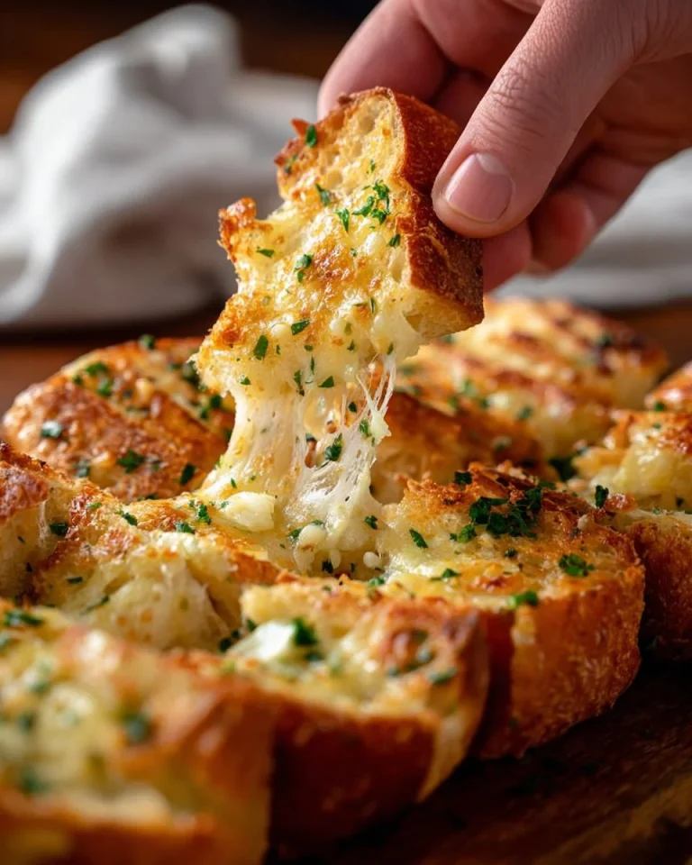 Delicious cheesy garlic bread served on a wooden platter