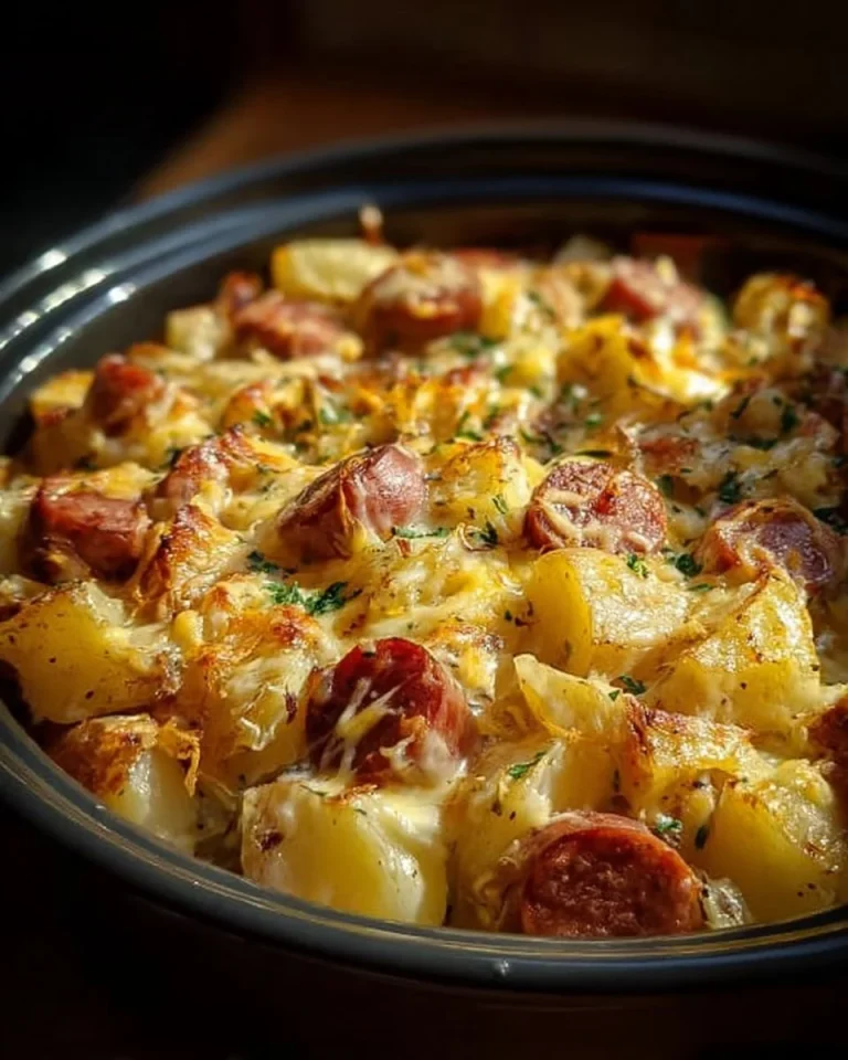 Cheesy Kielbasa and Hash Brown Dump Meal served in a skillet