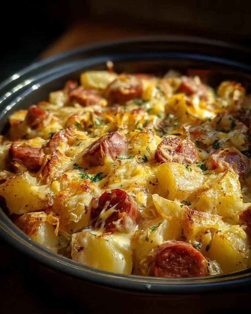 Cheesy Kielbasa and Hash Brown Dump Meal served in a skillet