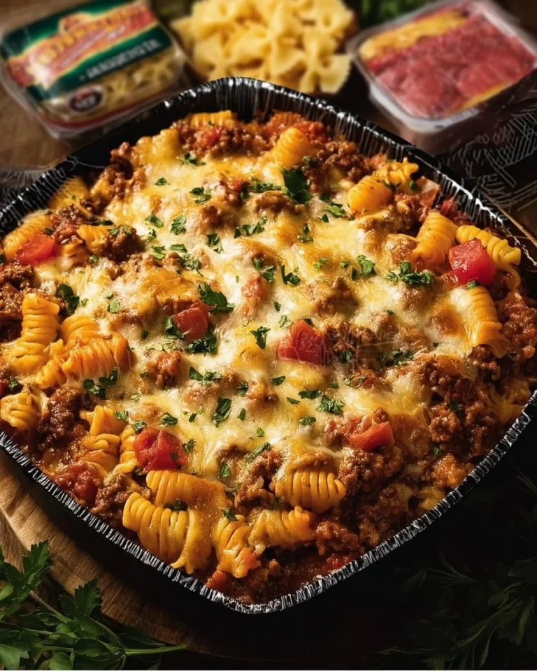 Cheesy Manwich Pasta Bake in a serving dish, topped with melted cheese and herbs.