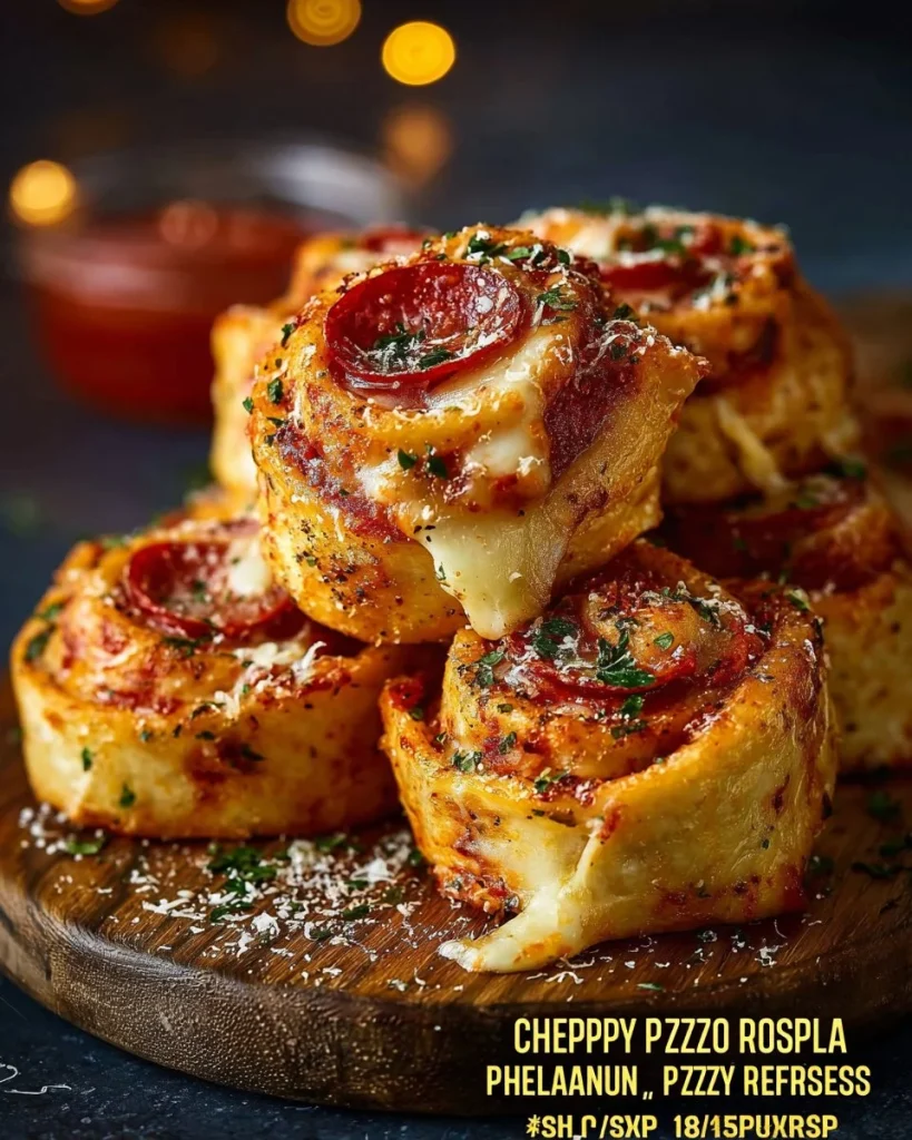 Cheesy Pepperoni Pizza Roll-Ups with melted cheese and pepperoni on a plate