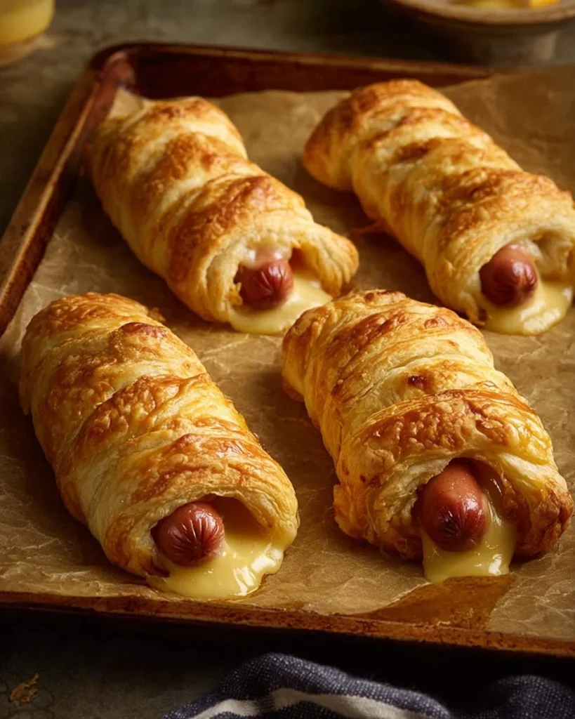Delicious cheesy pigs in a blanket served on a platter for a tasty snack