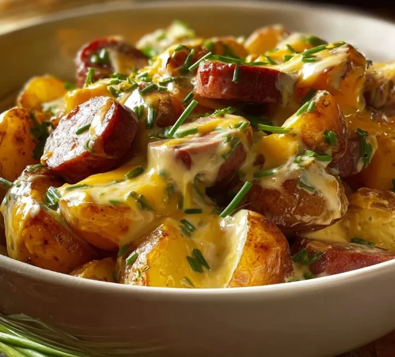 Cheesy ranch potatoes baked with smoked sausage for a comforting dish