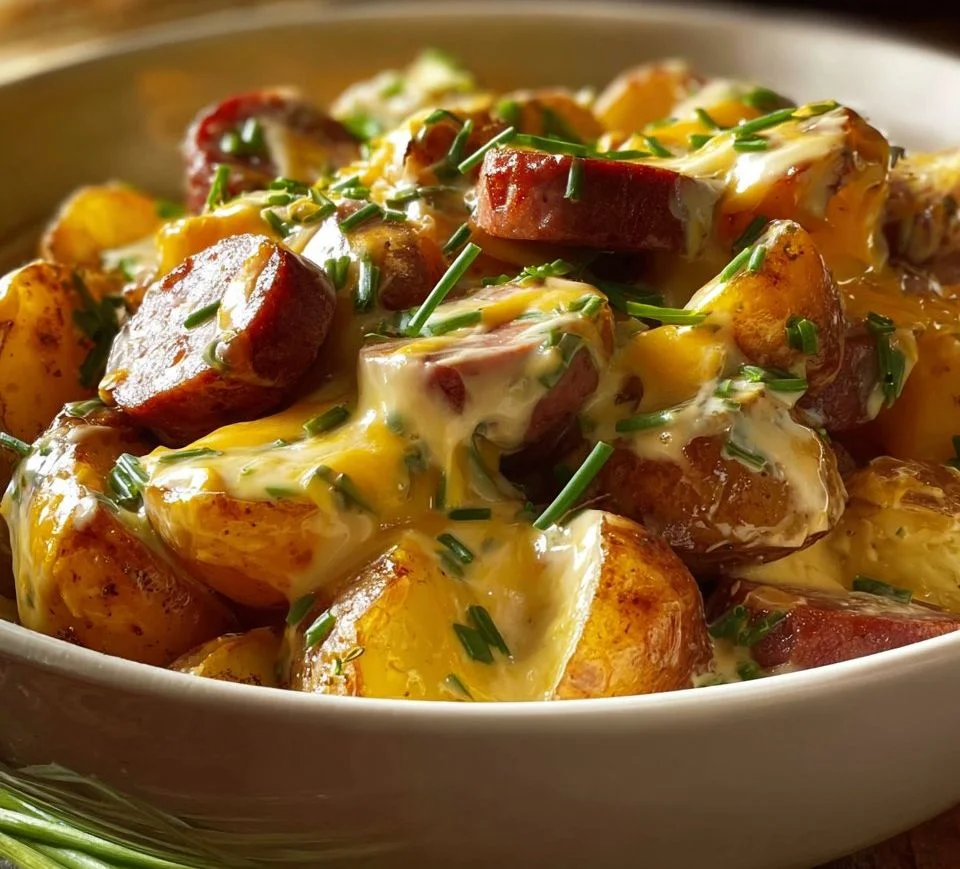 Cheesy ranch potatoes baked with smoked sausage for a comforting dish