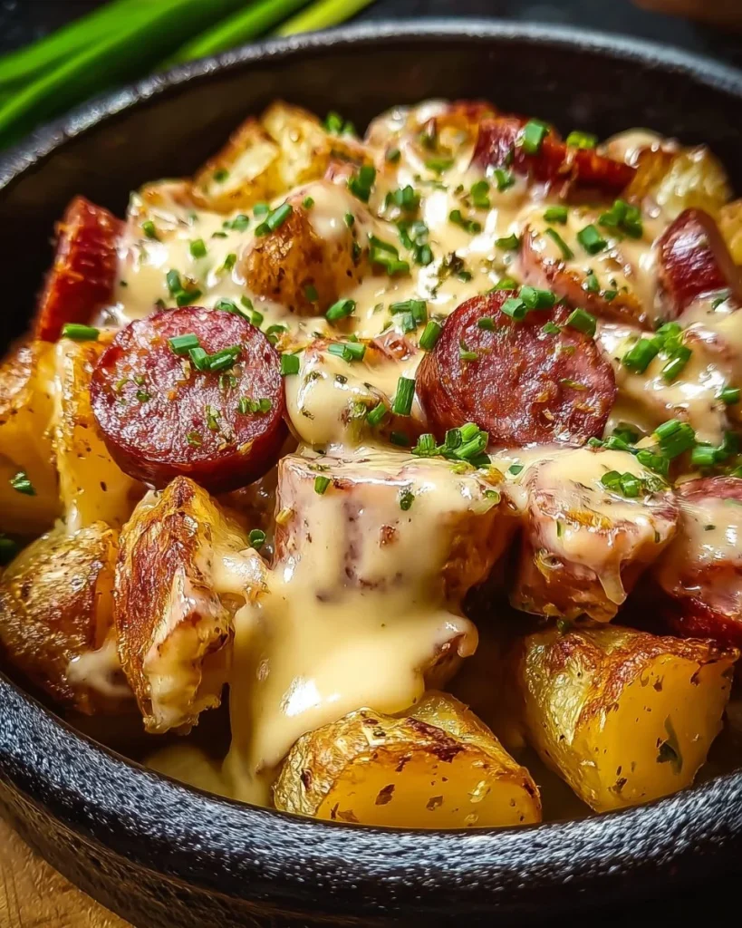 Delicious cheesy ranch potatoes topped with smoked sausage on a plate.