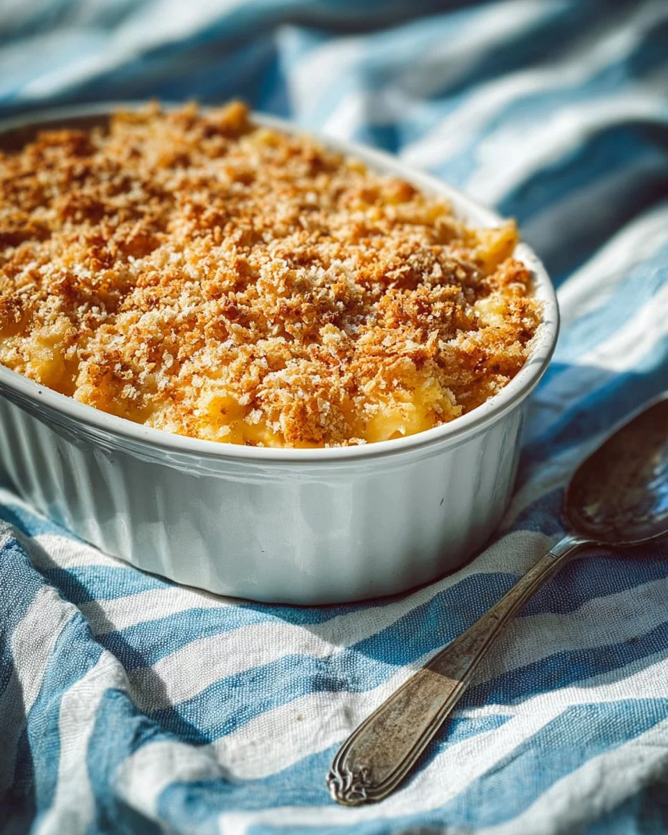 Creamy cheesy yellow squash casserole topped with breadcrumbs in a baking dish.