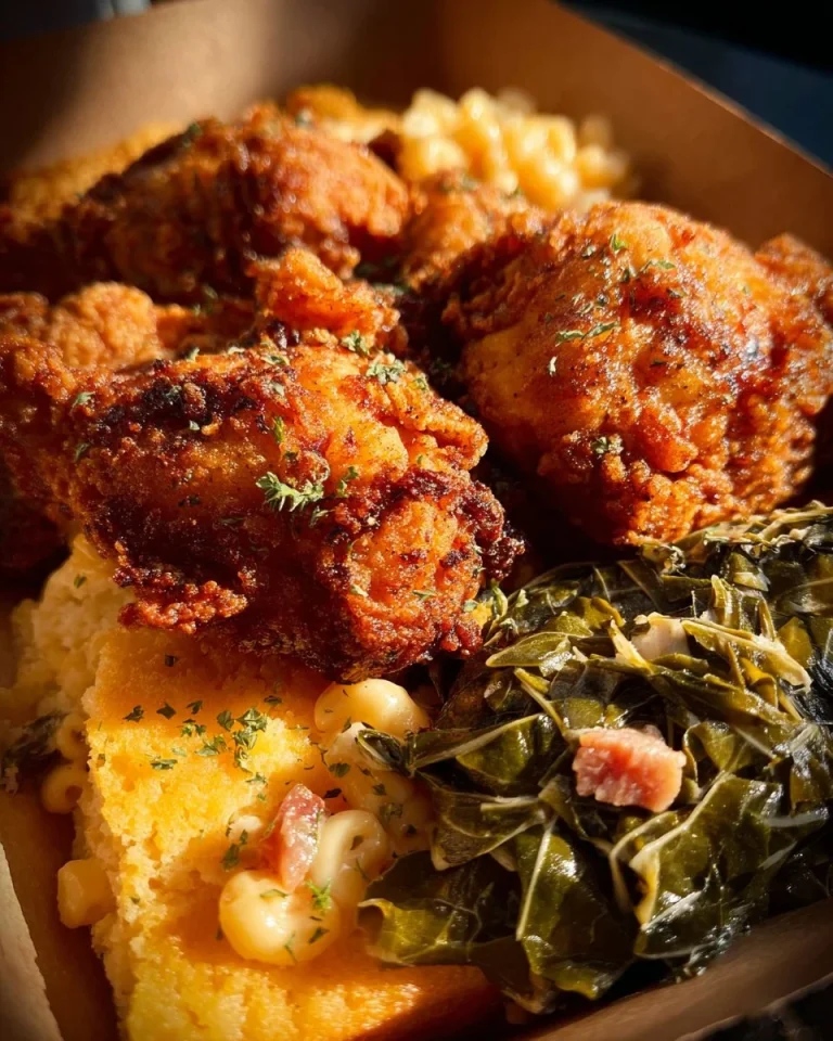 Delicious plate of chicken and dressing served with creamy macaroni and cheese.