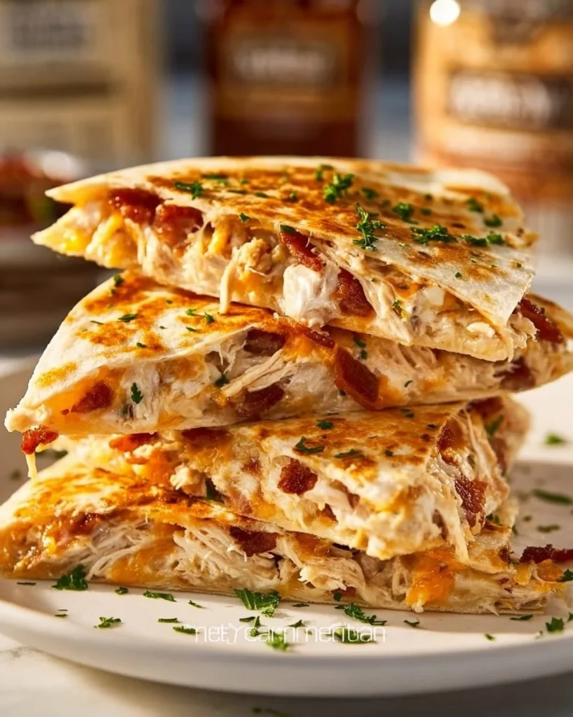 Delicious Chicken Bacon Ranch Quesadillas served with dipping sauce