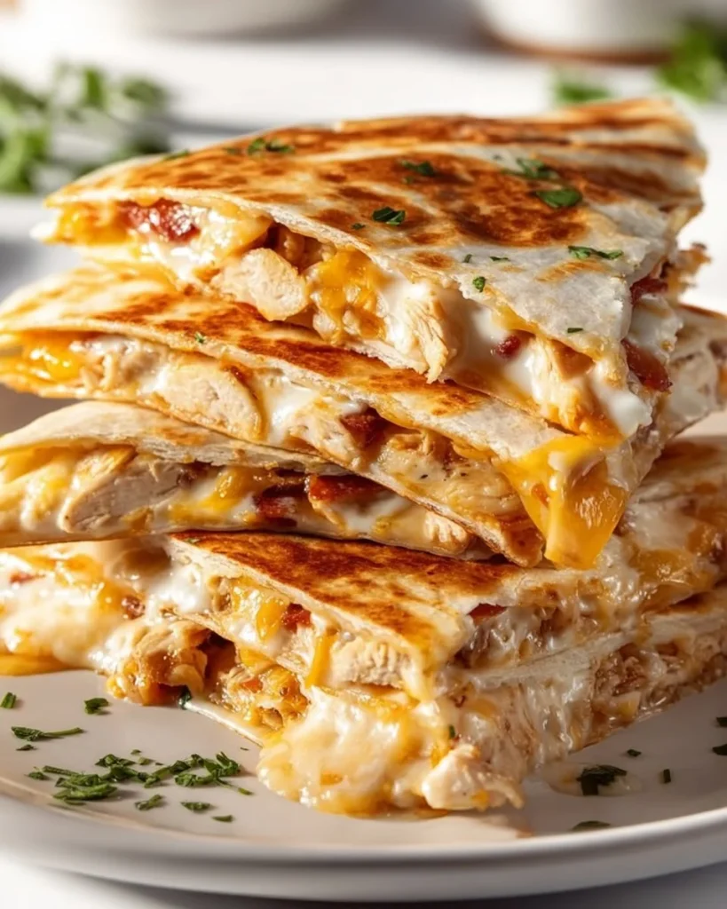 Delicious Chicken Bacon Ranch Quesadillas served with dipping sauce