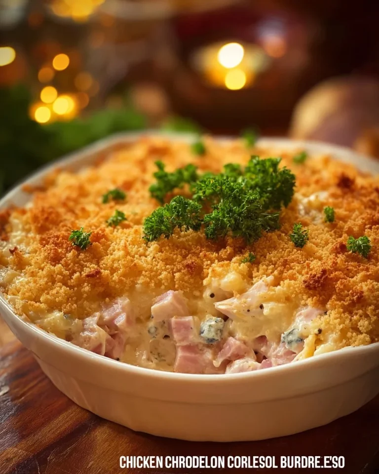 Delicious Chicken Cordon Bleu Casserole with chicken, ham, and cheese layers.