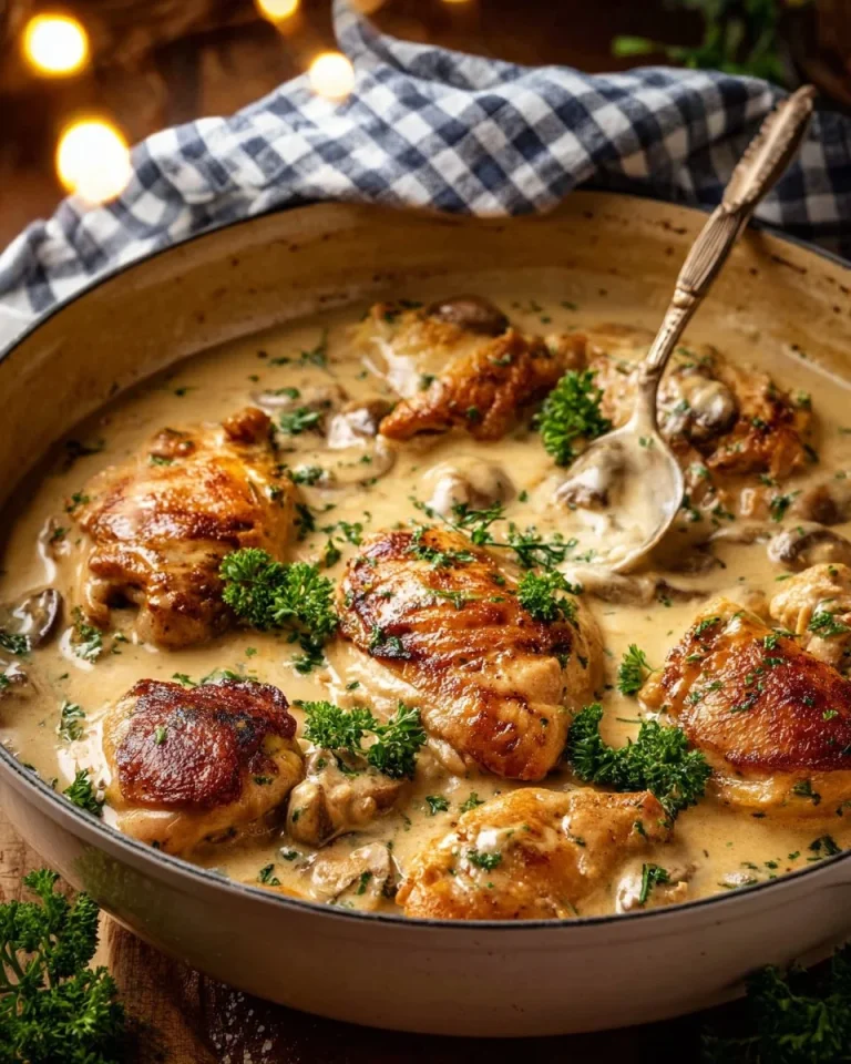 A delectable serving of Chicken Fricassée, a creamy French chicken stew with vegetables.