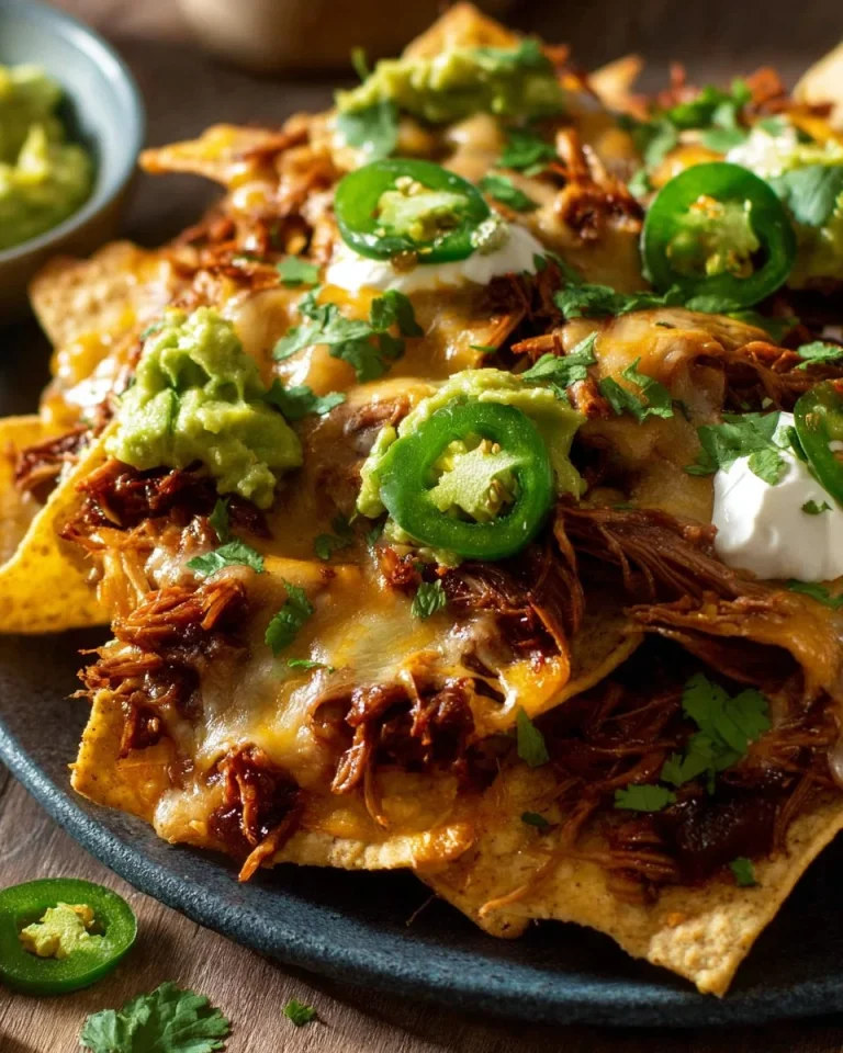 Delicious Chicken Nachos with cheese, jalapeños, and shredded chicken on a platter