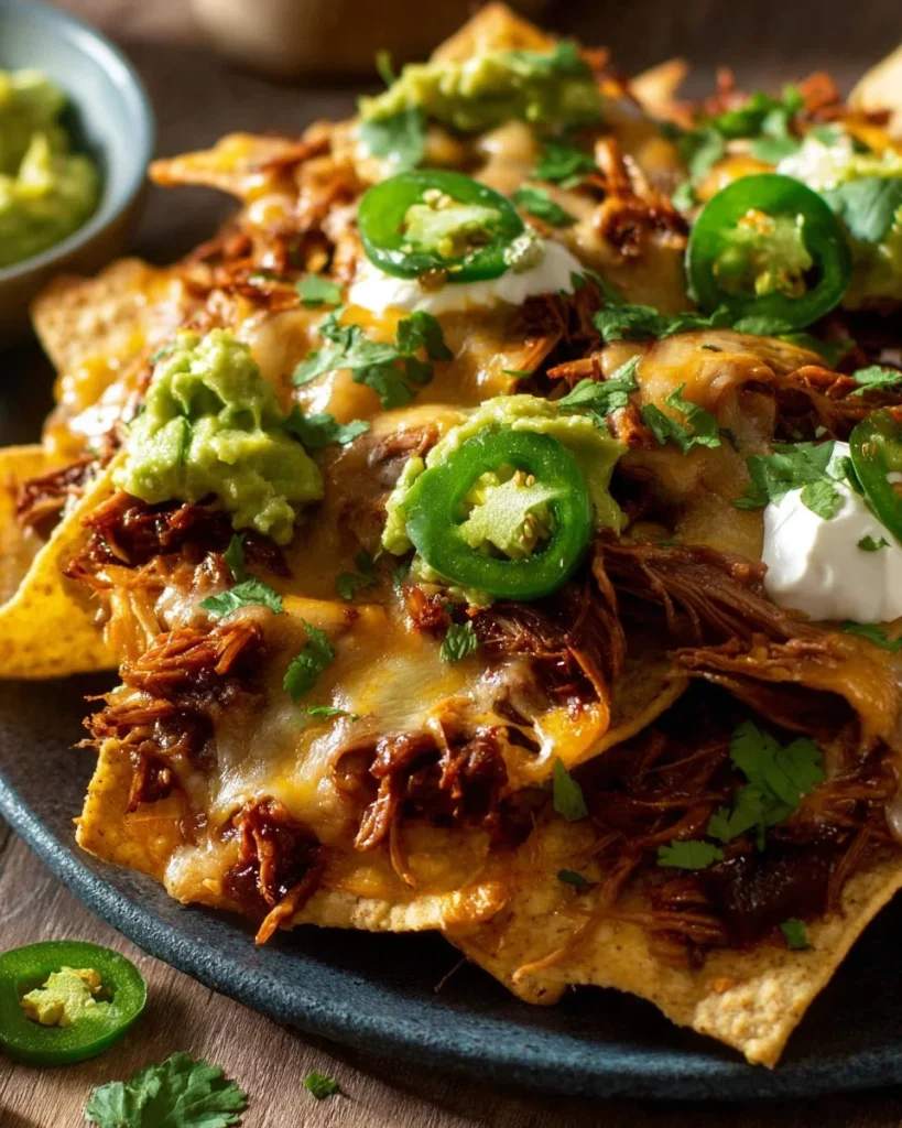 Delicious Chicken Nachos with cheese, jalapeños, and shredded chicken on a platter