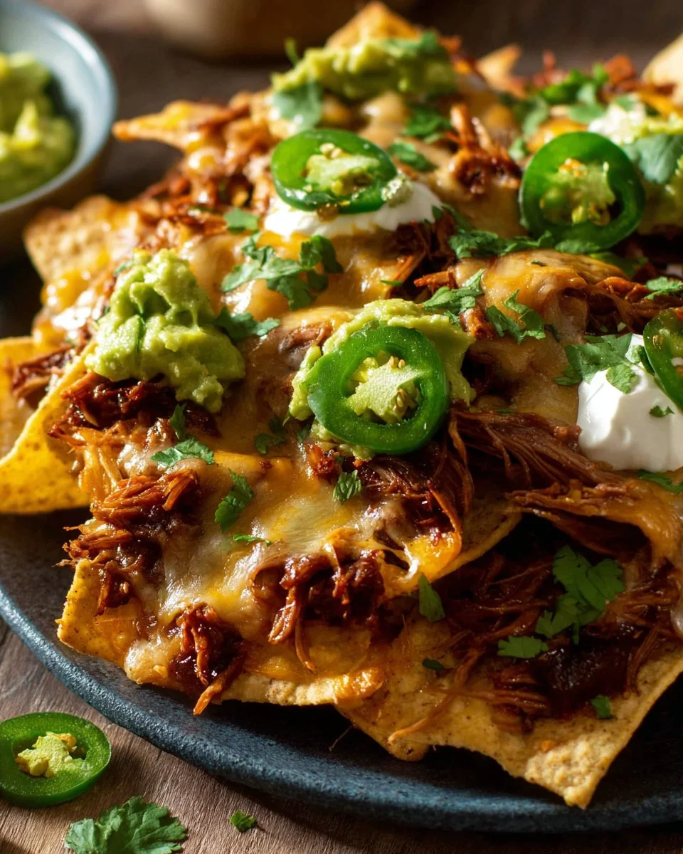 Delicious Chicken Nachos with cheese, jalapeños, and shredded chicken on a platter